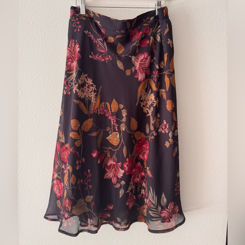 Floral Whimsical Midi Skirt Brown with Pink & Gold Floral Print - Picture 3 of 4